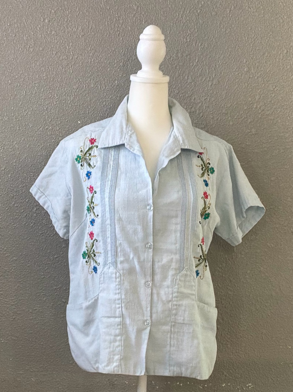 Light Blue Embroidered Button-Up Top